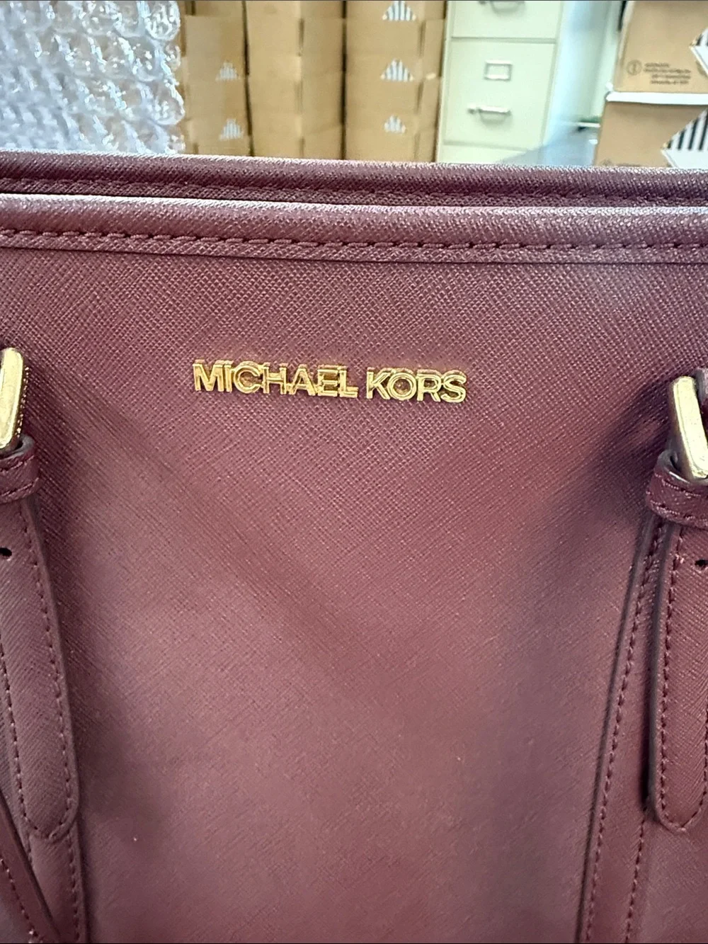 Michael Kors Wine Saffiano Tote with Gold Accents